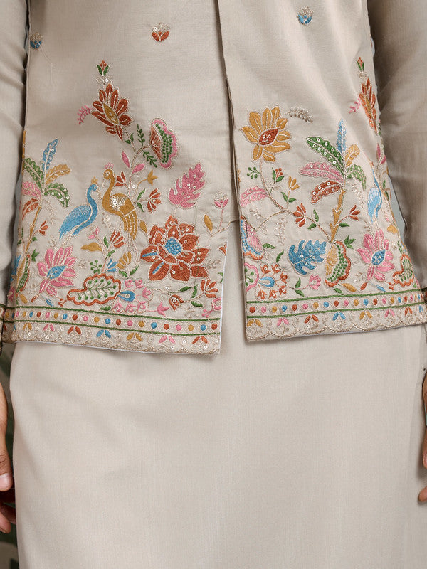 Dusty Beige Jodhpuri Designer Kurta Set With Multi Coloured Thread Embroidery Work Jacket