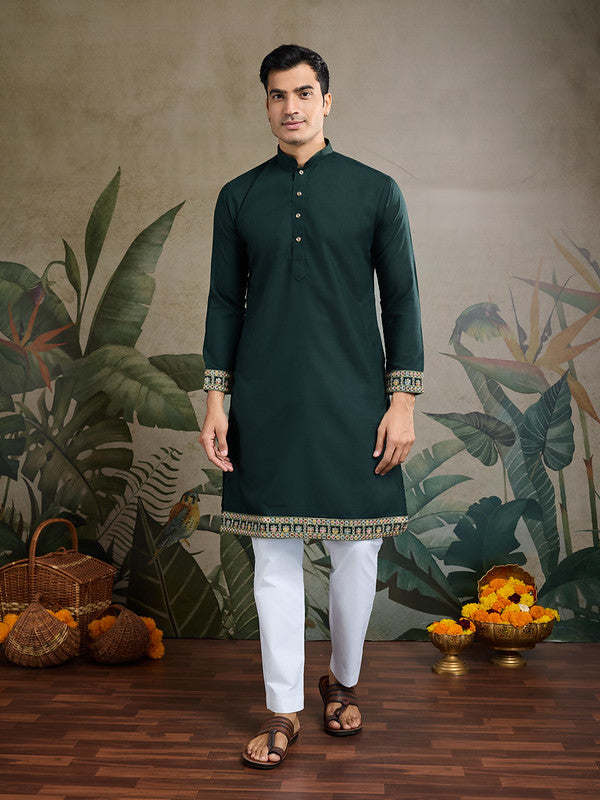 Dark Green Jodhpuri Designer Kurta Set With Multi Coloured Thread Embroidery Work Jacket