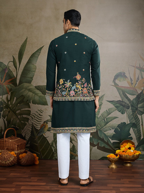 Dark Green Jodhpuri Designer Kurta Set With Multi Coloured Thread Embroidery Work Jacket