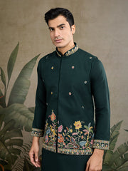 Dark Green Jodhpuri Designer Kurta Set With Multi Coloured Thread Embroidery Work Jacket