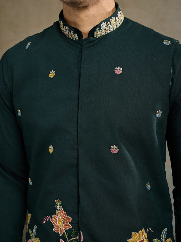 Dark Green Jodhpuri Designer Kurta Set With Multi Coloured Thread Embroidery Work Jacket