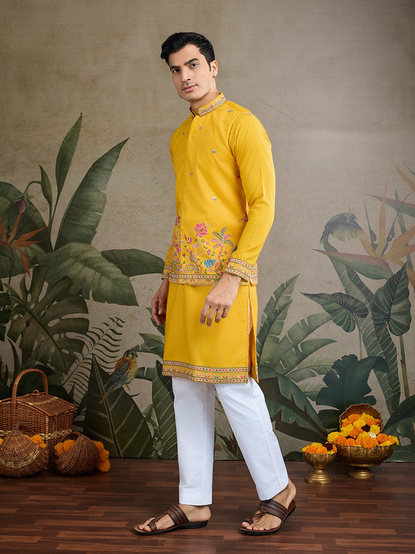 Dark Yellow Jodhpuri Designer Kurta Set With Multi Coloured Thread Embroidery Work Jacket