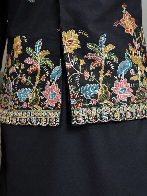 Black Jodhpuri Designer Kurta Set With Multi Coloured Thread Embroidery Work Jacket