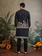Black Jodhpuri Designer Kurta Set With Multi Coloured Thread Embroidery Work Jacket