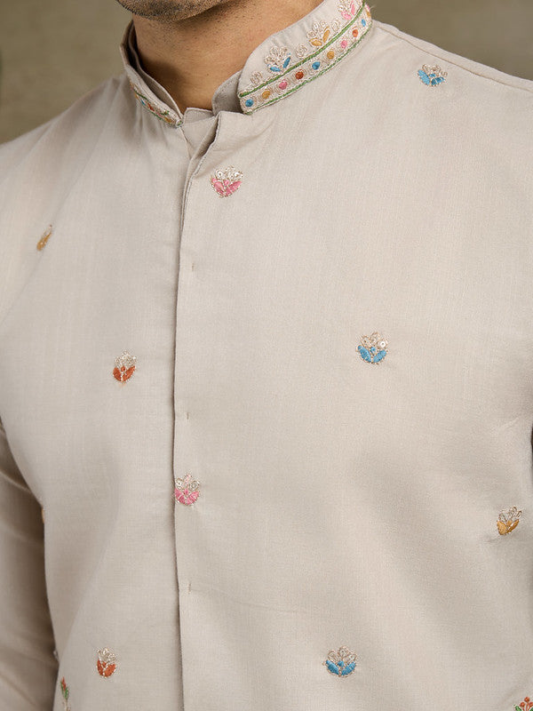 Dusty Beige Jodhpuri Designer Kurta Set With Multi Coloured Thread Embroidery Work Jacket
