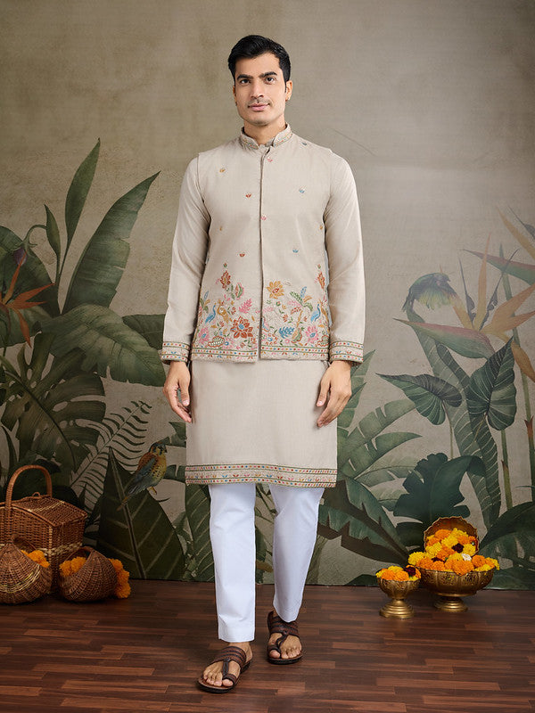 Dusty Beige Jodhpuri Designer Kurta Set With Multi Coloured Thread Embroidery Work Jacket