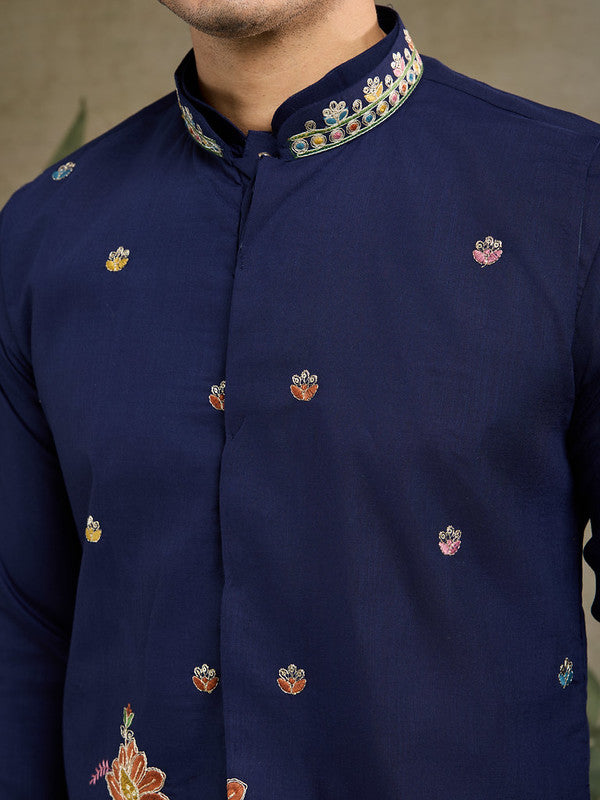 Navy Blue Jodhpuri Designer Kurta Set With Multi Coloured Thread Embroidery Work Jacket