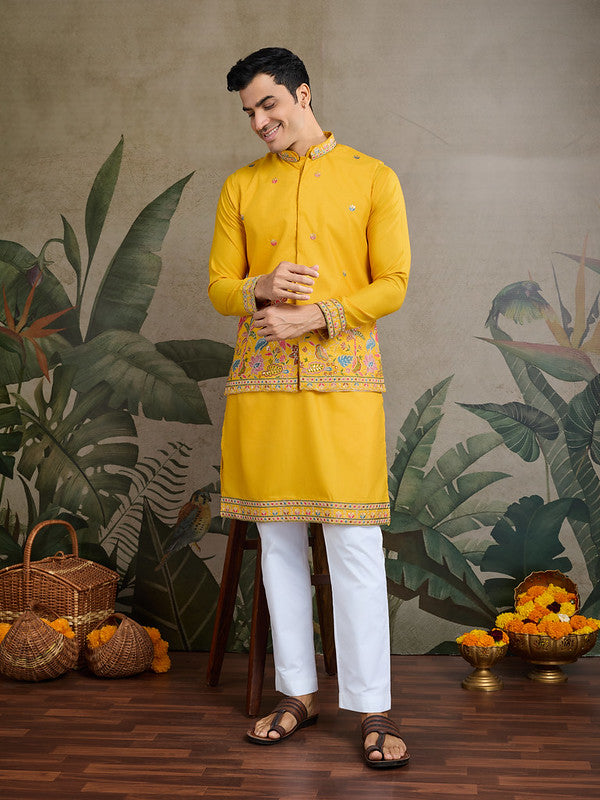 Dark Yellow Jodhpuri Designer Kurta Set With Multi Coloured Thread Embroidery Work Jacket
