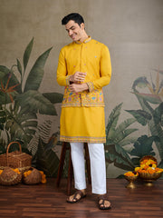 Dark Yellow Jodhpuri Designer Kurta Set With Multi Coloured Thread Embroidery Work Jacket