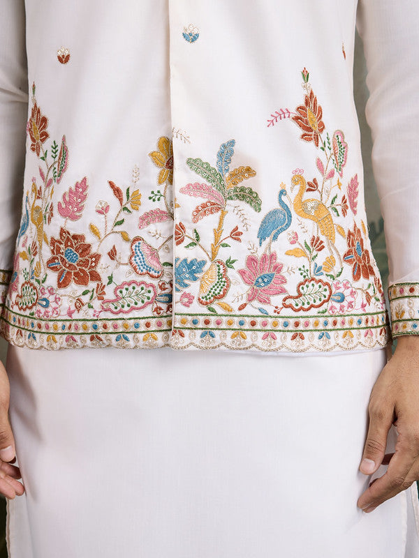 White Jodhpuri Designer Kurta Set With Multi Coloured Thread Embroidery Work Jacket