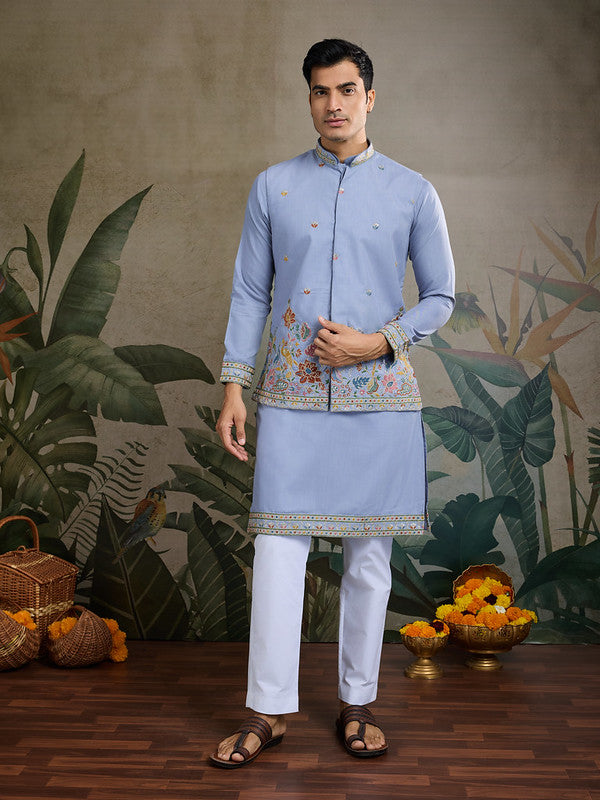 Pastel Blue Jodhpuri Designer Kurta Set With Multi Coloured Thread Embroidery Work Jacket