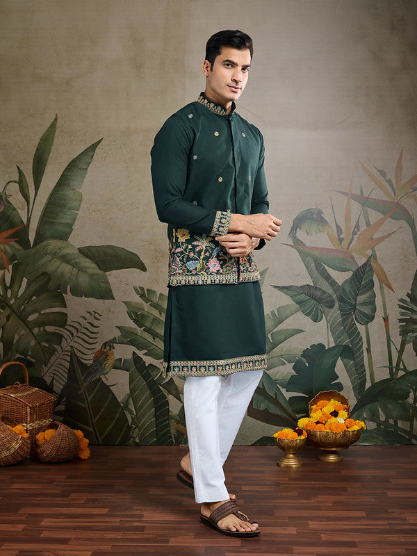 Dark Green Jodhpuri Designer Kurta Set With Multi Coloured Thread Embroidery Work Jacket