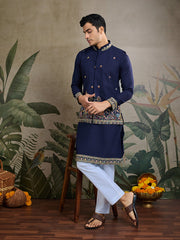 Navy Blue Jodhpuri Designer Kurta Set With Multi Coloured Thread Embroidery Work Jacket