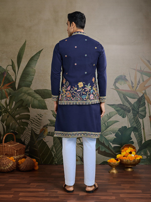 Navy Blue Jodhpuri Designer Kurta Set With Multi Coloured Thread Embroidery Work Jacket