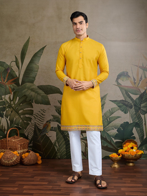 Dark Yellow Jodhpuri Designer Kurta Set With Multi Coloured Thread Embroidery Work Jacket