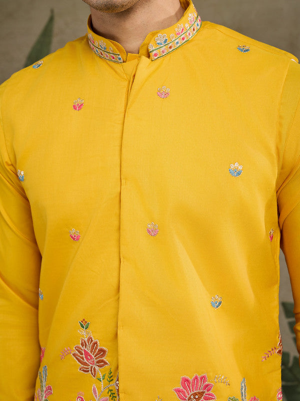 Dark Yellow Jodhpuri Designer Kurta Set With Multi Coloured Thread Embroidery Work Jacket