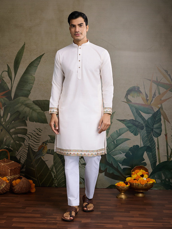 White Jodhpuri Designer Kurta Set With Multi Coloured Thread Embroidery Work Jacket