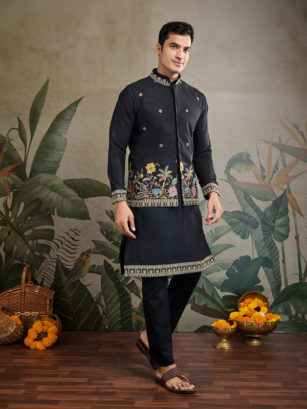 Black Jodhpuri Designer Kurta Set With Multi Coloured Thread Embroidery Work Jacket