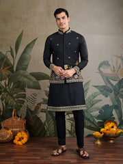 Black Jodhpuri Designer Kurta Set With Multi Coloured Thread Embroidery Work Jacket