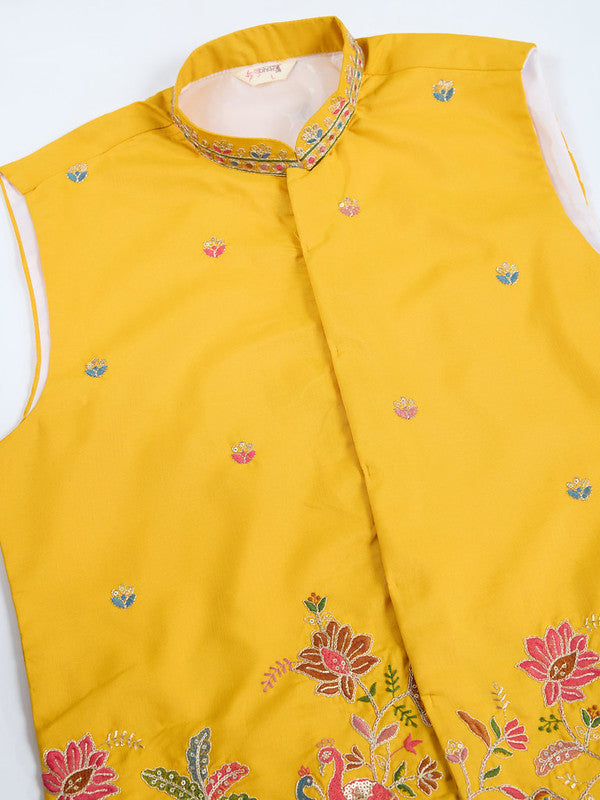 Dark Yellow Jodhpuri Designer Kurta Set With Multi Coloured Thread Embroidery Work Jacket