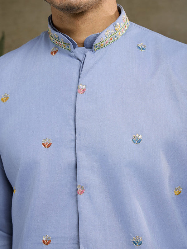 Pastel Blue Jodhpuri Designer Kurta Set With Multi Coloured Thread Embroidery Work Jacket