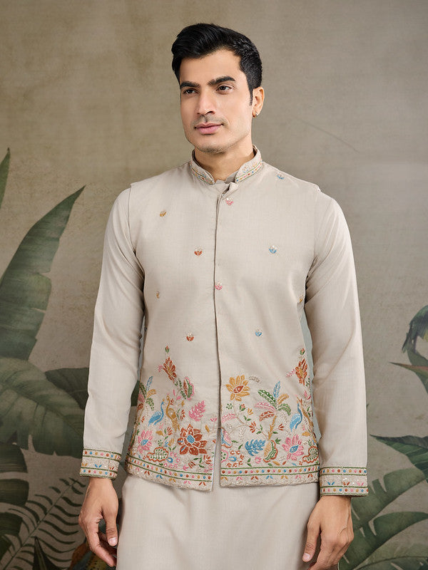 Dusty Beige Jodhpuri Designer Kurta Set With Multi Coloured Thread Embroidery Work Jacket