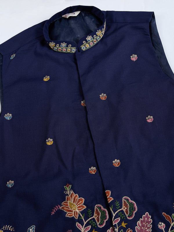 Navy Blue Jodhpuri Designer Kurta Set With Multi Coloured Thread Embroidery Work Jacket