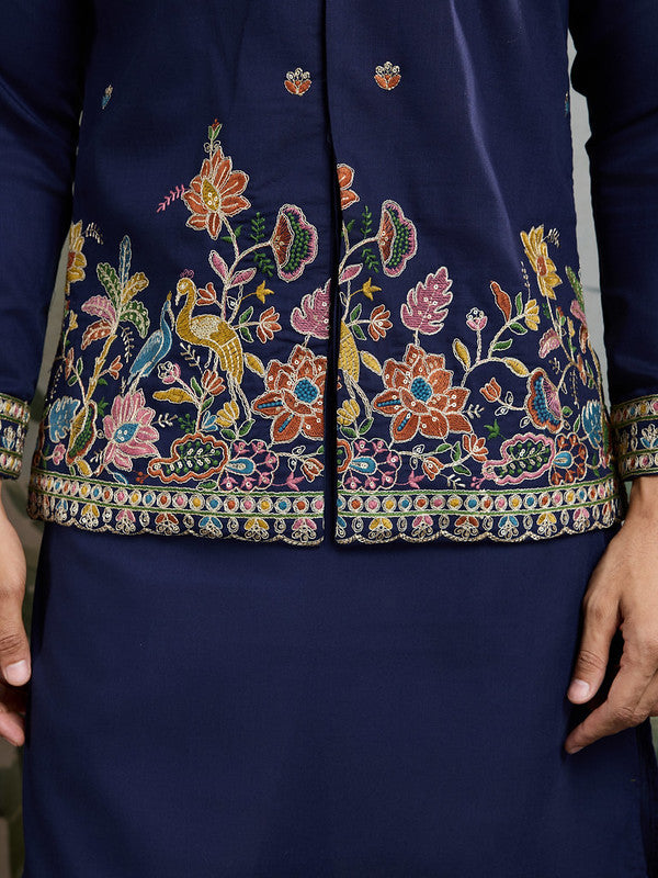 Navy Blue Jodhpuri Designer Kurta Set With Multi Coloured Thread Embroidery Work Jacket