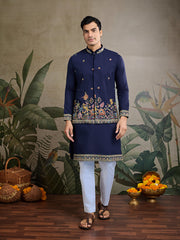 Navy Blue Jodhpuri Designer Kurta Set With Multi Coloured Thread Embroidery Work Jacket