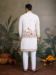 White Jodhpuri Designer Kurta Set With Multi Coloured Thread Embroidery Work Jacket