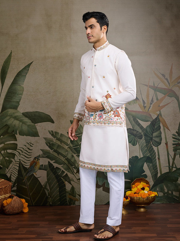 White Jodhpuri Designer Kurta Set With Multi Coloured Thread Embroidery Work Jacket