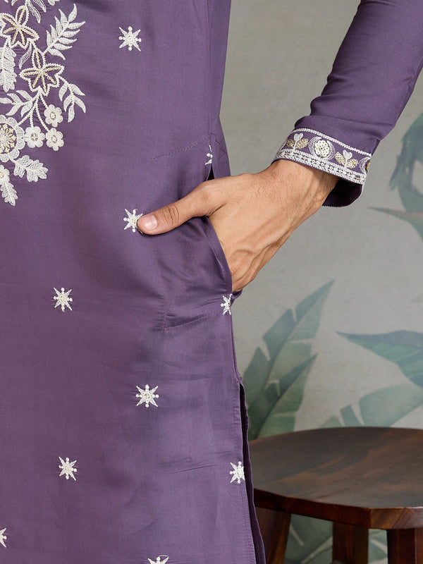 Purple Mens Designer Kurta with Embroidery work