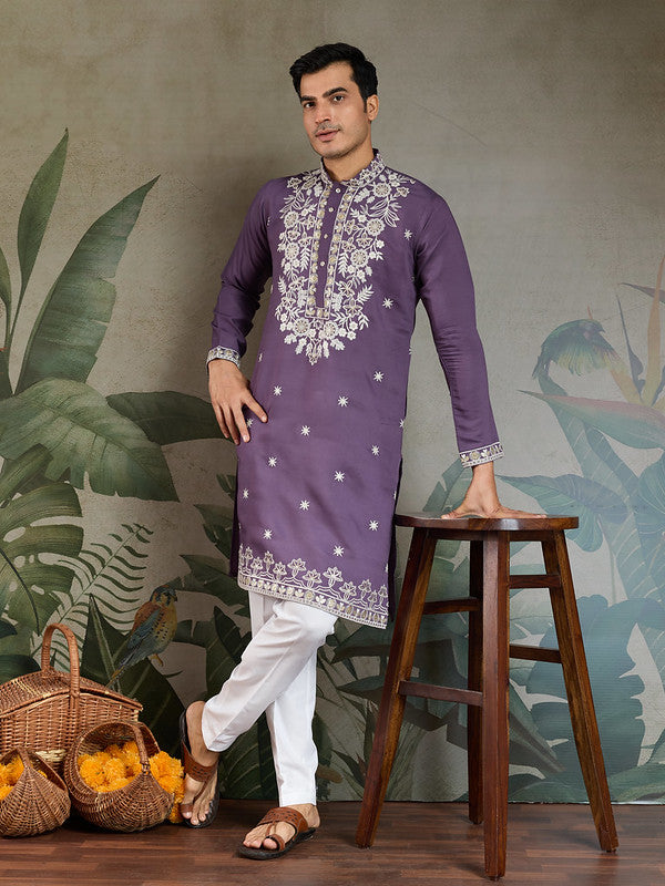 Purple Mens Designer Kurta with Embroidery work
