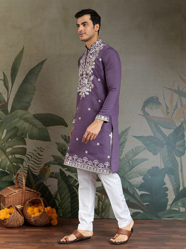 Purple Mens Designer Kurta with Embroidery work