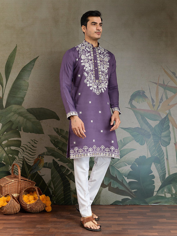 Purple Mens Designer Kurta with Embroidery work