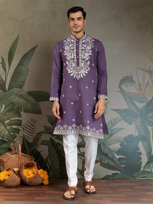 Purple Mens Designer Kurta with Embroidery work
