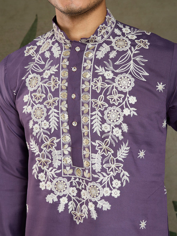 Purple Mens Designer Kurta with Embroidery work