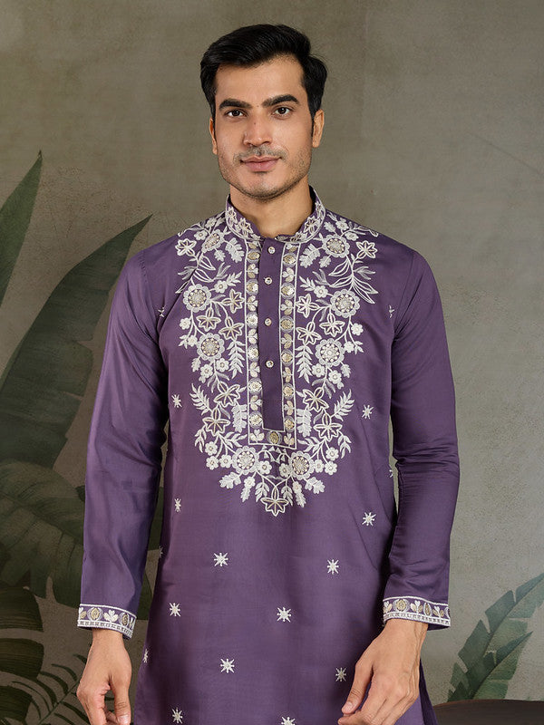 Purple Mens Designer Kurta with Embroidery work