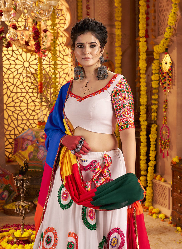 White Lehenga with Mirror Work and Colourful Dupatat
