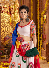 White Lehenga with Mirror Work and Colourful Dupatat