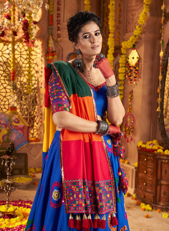 Dark Blue Mirror Work Lehenga with Colourful Dupatta