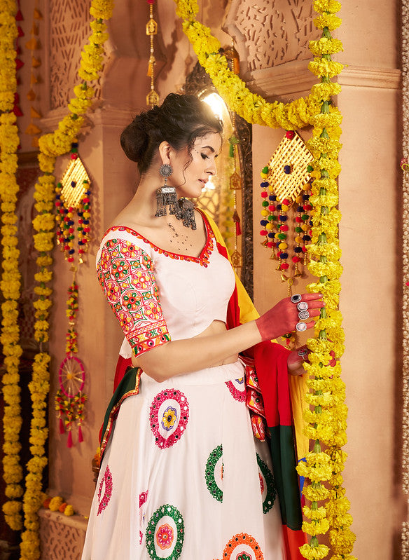 White Lehenga with Mirror Work and Colourful Dupatat