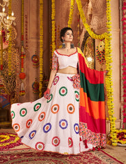 White Lehenga with Mirror Work and Colourful Dupatat
