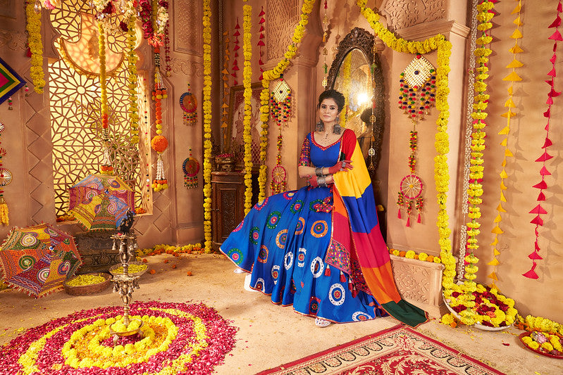 Dark Blue Mirror Work Lehenga with Colourful Dupatta
