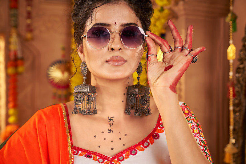 White Lehenga with Mirror Work and Colourful Dupatat