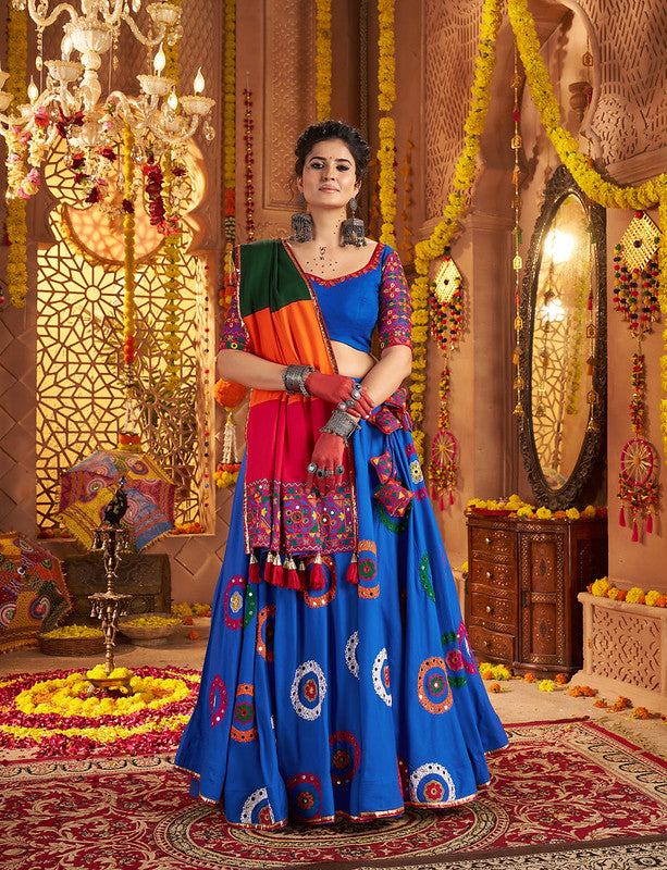 Dark Blue Mirror Work Lehenga with Colourful Dupatta
