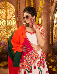 White Lehenga with Mirror Work and Colourful Dupatat