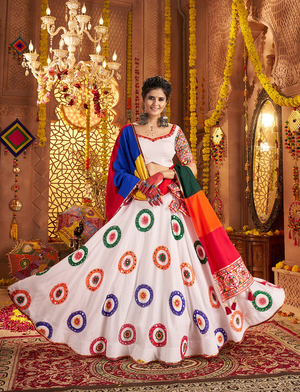 White Lehenga with Mirror Work and Colourful Dupatat