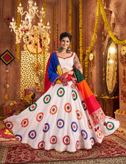 White Lehenga with Mirror Work and Colourful Dupatat