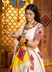 White with Contrast of Yellow and Pink Designer Lehenga